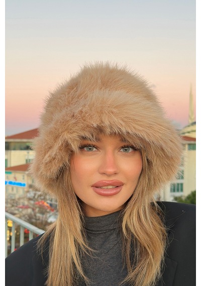 Mollycrush Luxury Kadın Camel Uzun Tüylü Suni Kürklü Peluş Rus Slav Tarzı Bucket Kalpak Şapka Camel
