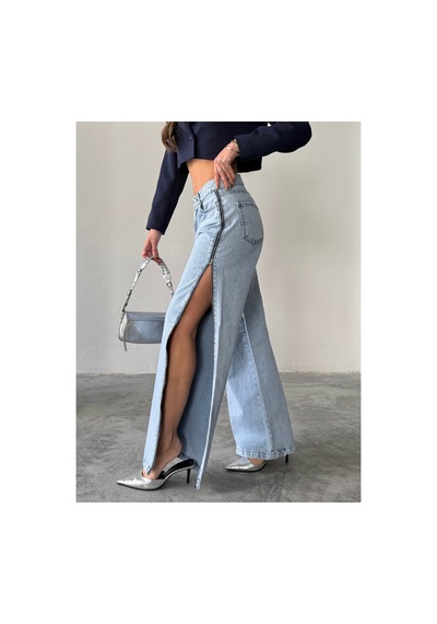 Blue Marlın Yan Fermuarlı Uzun Boyfriend Bol Paça Jeans Buz Kar