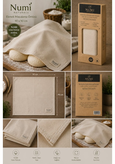 %100 Doğal Ham Pamuk Ekmek Mayalama Örtüsü 90x90 Cm Nefes Alan Mayalama Bezi Natural