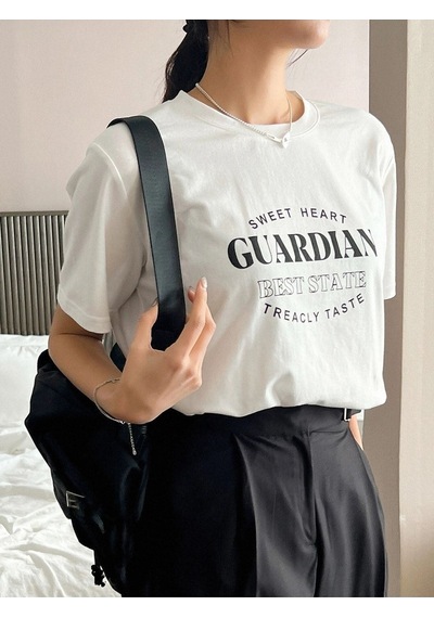 Guardian T-shirt - Beyaz Baskılı Oversize Bisiklet Yaka Kısa Kol Beyaz