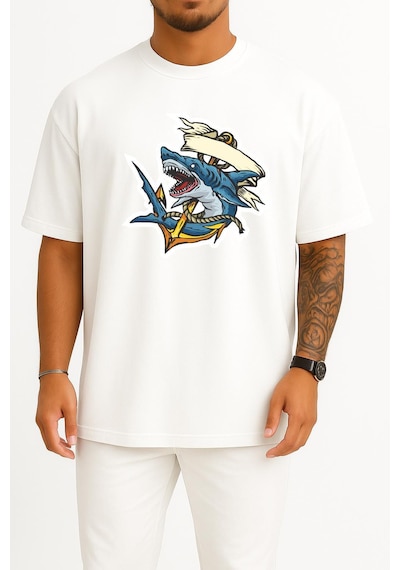 Bahriyeli Collection Oversize Köpekbalığı Ve Çapa Göğüs Ve Sırt Baskılı Unisex T-shirt Beyaz