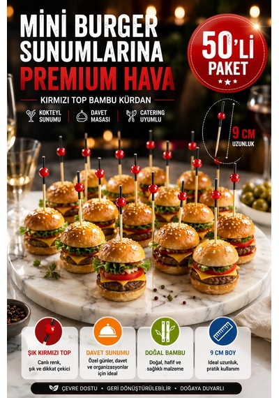 50 Li Paket Kırmızı Top Siyah Bambu Kürdan 9 Cm Kokteyl, Kanepe Ve Tatlı Sunum Kürdanı