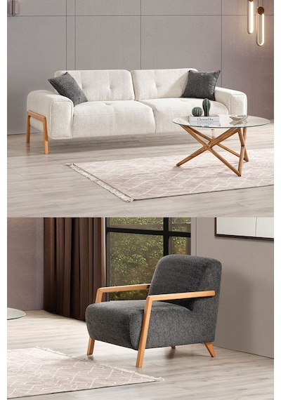 Dolex Kasalı Modern Sırt Mekanizmalı Koltuk Takımı 3 1 Krem Ceviz