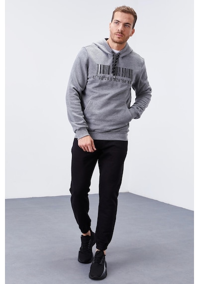 Tommy Life Gri Melanj Nakışlı Kanguru Cep Standart Kalıp Kapüşonlu Erkek Sweatshirt - 87839 GRİ MELANJ