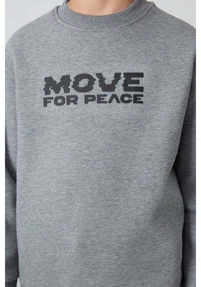 Tommylife Gri Melanj Pamuklu Kalın İçi Tüylü Standart Fit Baskılı Erkek Çocuk Sweatshirt - 11216