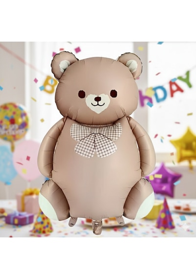 56,5x90 Cm Papyonlu Ayıcık Karamel Folyo Balon - Doğum Günü Parti Dekorasyon Balonu Çok Renkli