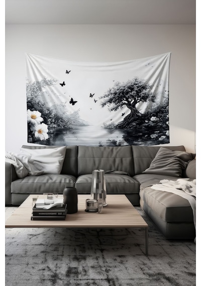Siyah Doğa Manzarası Desenli Duvar Halısı Duvar Örtüsü Tapestry Süet Dokulu Kumaş