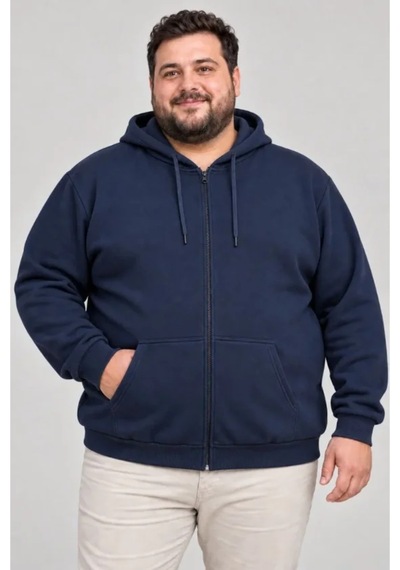 Butik İstanbul Erkek Battal Büyük Beden Üç İplik İçi Şardonlu Kapüşonlu Tam Fermuarlı Kışlık Sweatshirt - Lacivert