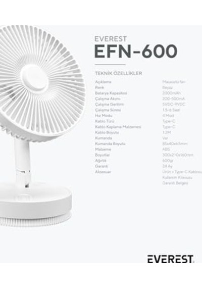 Efn-600 Masaüstü Taşınabilir Şarjlı Beyaz 2000mah Usb Fan
