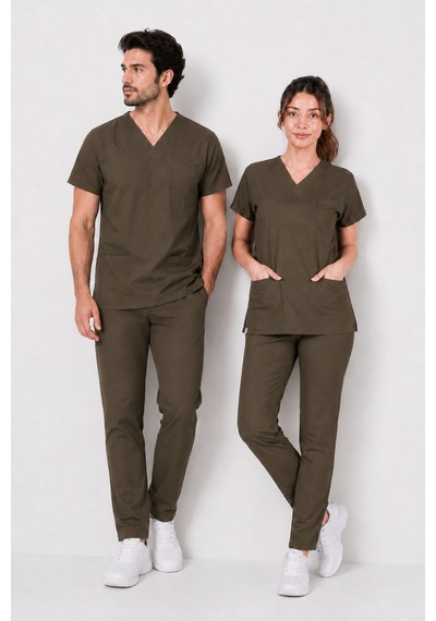 Üniforma Haki Hemşire Ve Doktor Forması Scrubs Takımı Likralı Alt Üst Üniforma Unisex Yarasa Kol