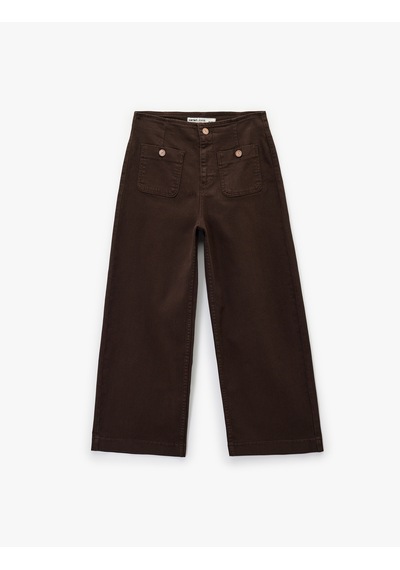 Koton Pamuklu Düğmeli Cepli Yüksek Bel Jean Pantolon - Culotte Jeans Koyu Kahverengi 7wal40011mw Koyu Kahve