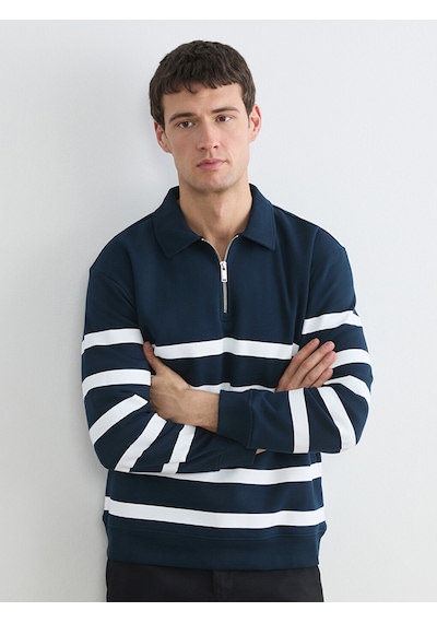 Lcw Vision Lacivert Polo Yaka Çizgili Erkek Kalın Sweatshirt