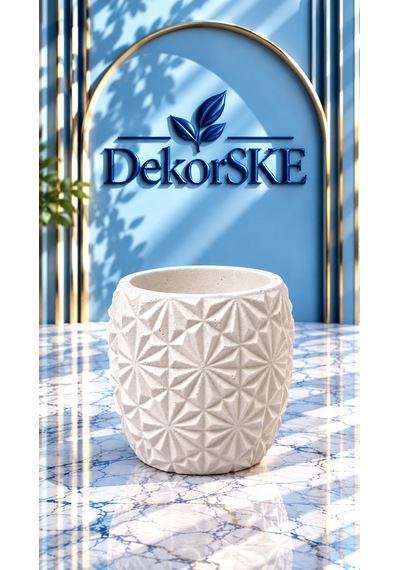 Dekorske - Taş Tozu Geometrik Saksı Ve Mumluk - 7x8 Cm - El Yapımı Kabartmalı Dekoratif Mini Saksı Ve Çok Amaçlı Ev Dekoru Beyaz