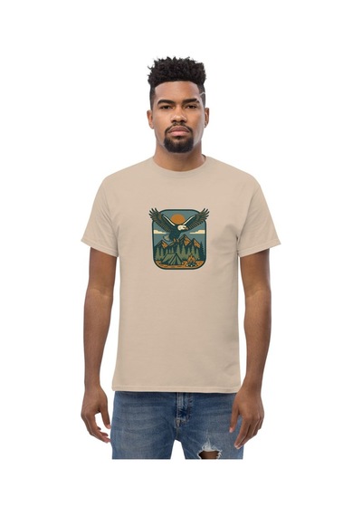 Wildstyle Kartal Renkli Vintage Yaban Hayat Doğa Dağ Rozet Baskılı Unisex Bisiklet Yaka Pamuklu Tişört Camel