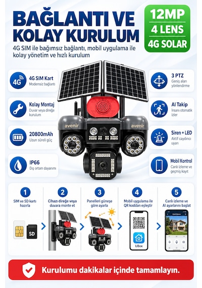 Tk-s1446 12mp 4 Kameralı 3 Ptz 4g Solar Aov Sürekli Kayıtlı Güvenlik Kamerası