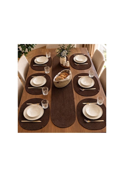 6 Kişilik 7 Parça Oval Amerikan Servis Ve Runner Seti Örgü Hasır Görünümlü Sofra Sunum Takımı Kahverengi Kahverengi