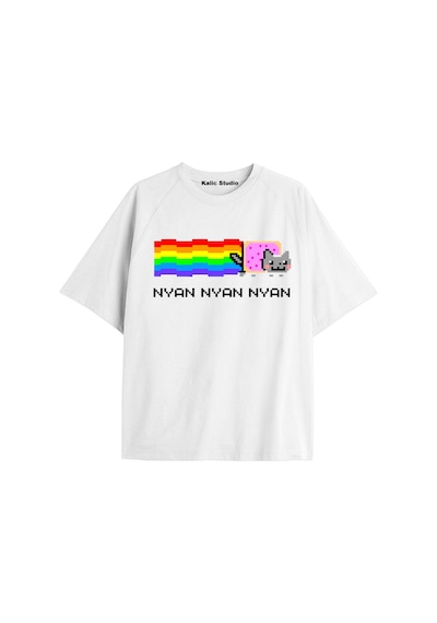 Kalic Studio Nyan Nyan Cat Oversize Unisex T-shirt Beyaz Pembe