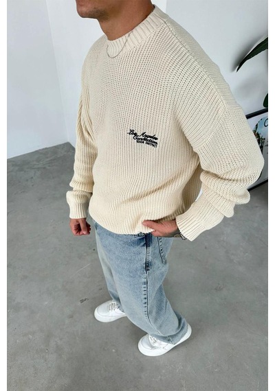 Krem Los Angeles Nakış Oversize Triko Kazak Krem