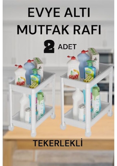 Maja 2 Adet Tekerlekli 2 Katlı Beyaz Düzenleyici Mutfak Rafı Bany Beyaz