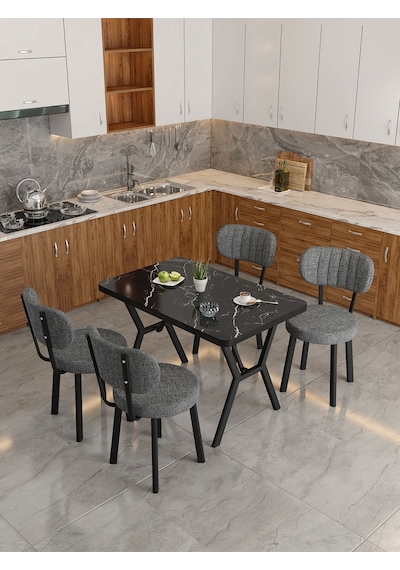 Azra 70x110cm Bendir Mutfak Masası, Mutfak Masası Takımı, Yemek Masası, 4 Koyu Gri Sandalye Koyu Gri