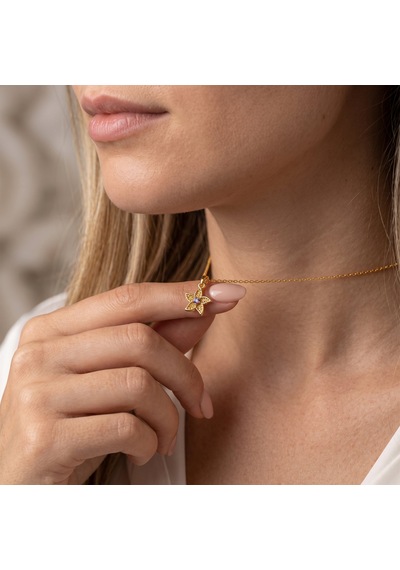 925 Ayar Gümüş Altın Kaplama Mor Taşlı Menekşe Kolye Şubat Ayı Doğum Çiçeği Gold
