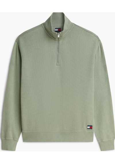 Tommy Hilfiger Relaxed Waffle Label Half Zip Erkek Yeşil Sweatshirt-16109