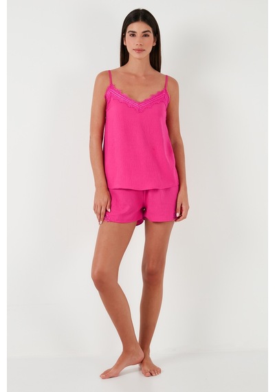 Lela Dantelli V Yaka Ip Askılı Mini Şortlu Bayan Pijama Takımı 6110300 Fuşya