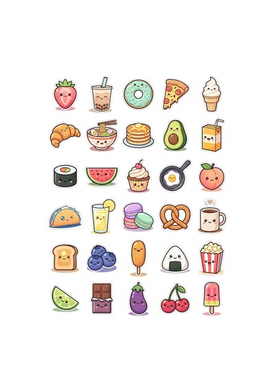 30 Adet Pastel Yiyecek Sticker Seti - Laptop Defter Telefon Su Matarası Çok Renkli