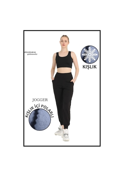 Kadın Siyah Yüksek Bel Jogger Eşofman Altı Polarlı Kışlık Cepli Joggers 1062 Siyah