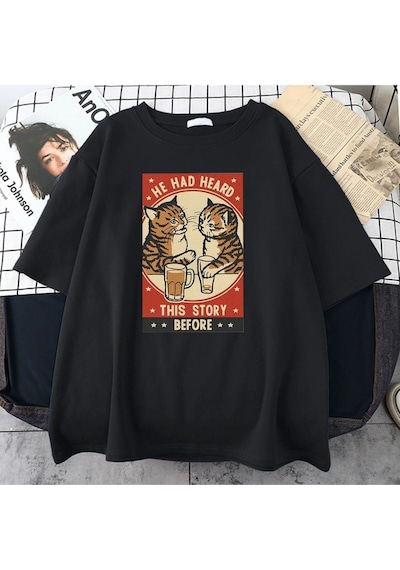 Flood Of Style Erkek Siyah He Had Heard Baskılı Oversize Bisiklet Yaka Tshirt