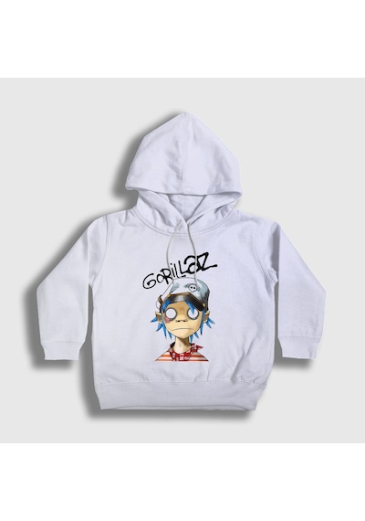 Presmono Unisex Çocuk 2d Gorillaz Kapüşonlu Sweatshirt Beyaz