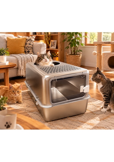 Techtic Paslanmaz Metal Kedi Tuvaleti Metal Kum Kabı Çift Girişli Kapalı Kedi-evcil Hayvan Tuvaleti