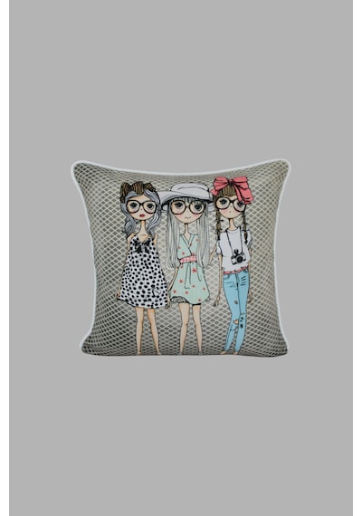 Kırlent Kılıfı İnsan Figürlü Desen 45x45 Raşel Örme Kadife Çift Taraflı Dijital Baskı Beyaz Biyeli Çok Renkli