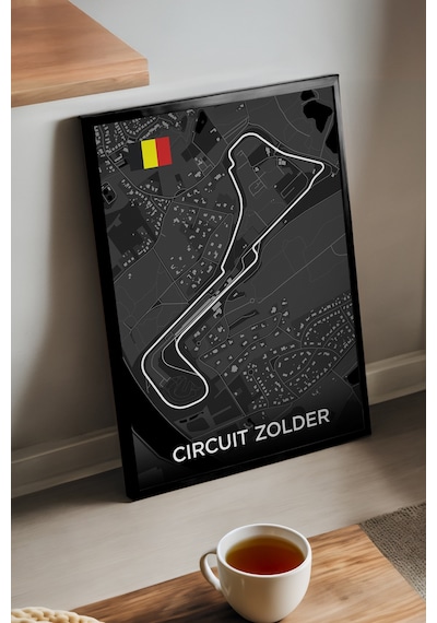 Circuit Zolder Pist Haritası Siyah Ahşap Çerçeveli Poster, Dekoratif Harita Duvar Tablosu
