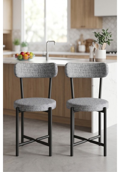 Sandalye 2 Adet Keten Kumaş Metal Ayak Modern Mutfak Sandalyesi Cafe Balkon Ofis Teddy 9812 Gri Altın