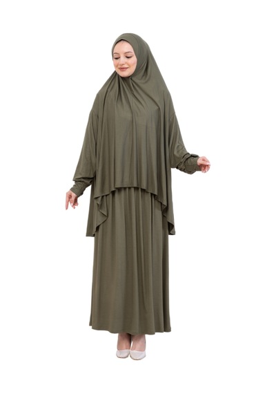 Modish Group İki Parça Namaz Elbisesi Uzun Pamuklu Tesettür Giyim Abaya & Başörtüsü Set Haki