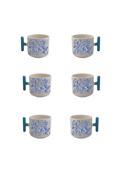 Mavi Şal Desenli T Kulplu 6 Lı Fincan Set Fincan Modeli Beyaz