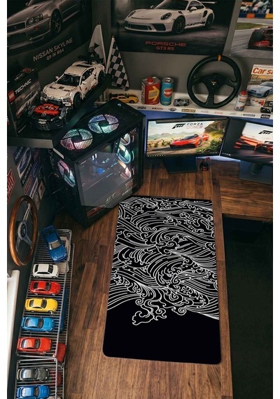 Siyah Beyaz Japon Dalga Deseni 40x90 Cm Oyuncu Mousepad Kaymaz Taban Büyük Boy Mousepad
