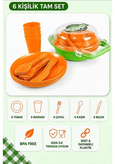 32 Parça Piknik Seti Tabak Bardak Çatal Kaşık Bıçak Kamp Mutfak Seti Turuncu