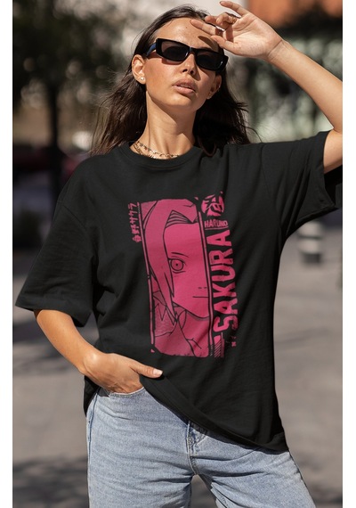 Sevbano Tasarım Haruno Sakura Baskılı Unisex Oversize Naruto Anime Dizi K Siyah