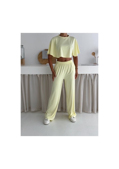 Gugus Yazlık Takım - Alt Üst Kadın Dokulu Kumaş -baggy Pantolon + Salaş Üst Sarı