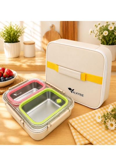 Valkyrie 2 Bölmeli 304 Paslanmaz Çelik Lunch Box Sızdırmaz Renkli Yemek Taşıma Kabı + Termal Çanta Çok Renkli