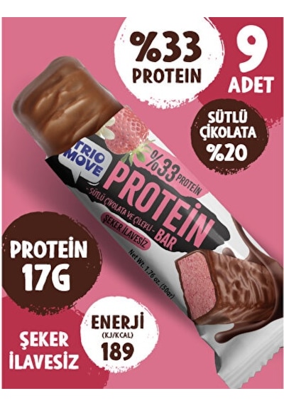 Trio Move Çikolata Kaplamalı Protein Bar - Çilekli Ve Sütlü Çikolatalı 9 x 50 G