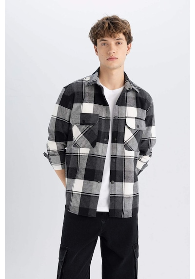 DeFacto Relax Fit Waffle Kareli Oduncu Flanel Pamuklu Uzun Kollu Gömlek Z0639AZ24AUBK81