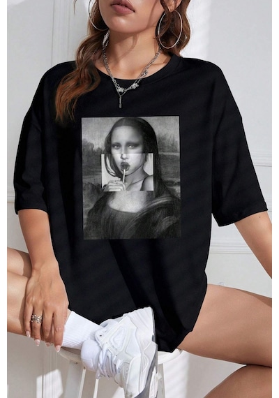 Unisex Mona Lisa Baskılı Tasarım Tshirt Siyah