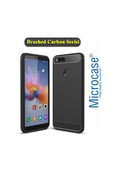 Huawei Honor 7X Brushed Carbon Fiber Silikon Tpu Kilif + Cam 252427122 - Seçenek / Renk-Cam Koruma-Gri-Cam Istemiyorum