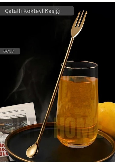 Gold Kokteyl Kaşığı Çift Başlıklı Paslanmaz Barista Kaşığı Çatallı Barmen Kaşığı Çelik 30 Cm Gold