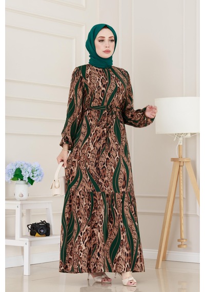 Sevitli Leopar Desenli Beli Tünelli Viscon Elbise-yeşil-5091 Yeşil