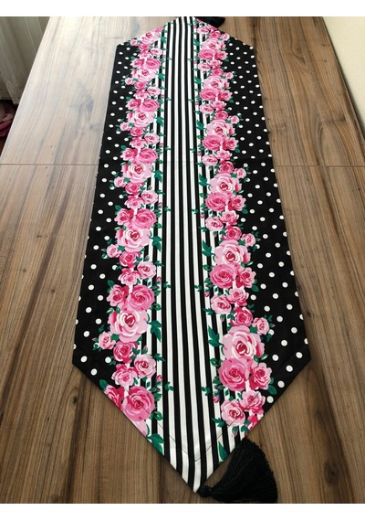 Siyah Zemin Pembe Gül Desenli Runner & Siyah Supla Çok Renkli
