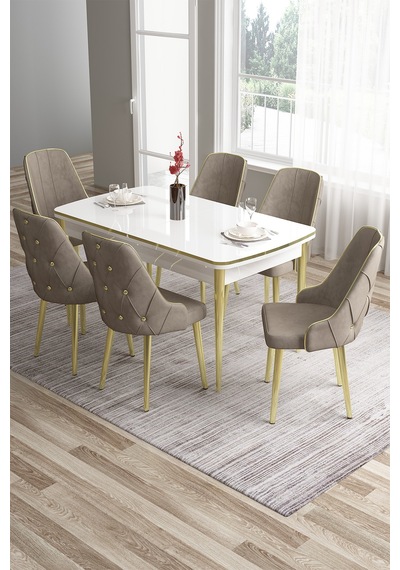 Canisa Tia Serisi 80x132 Açılabilir Mdf Beyaz Gold Detay Mutfak Masa Takımı Ve 6 Cappucino Sandalye Masa Beyaz Sandalye Cappucino Canisa Tia Serisi 80x132 Açılabilir Mdf Beyaz Gold Detay Mutfak Masa Takımı Ve 6 Cappucino Sandalye Masa Beyaz Sandalye Cappucino